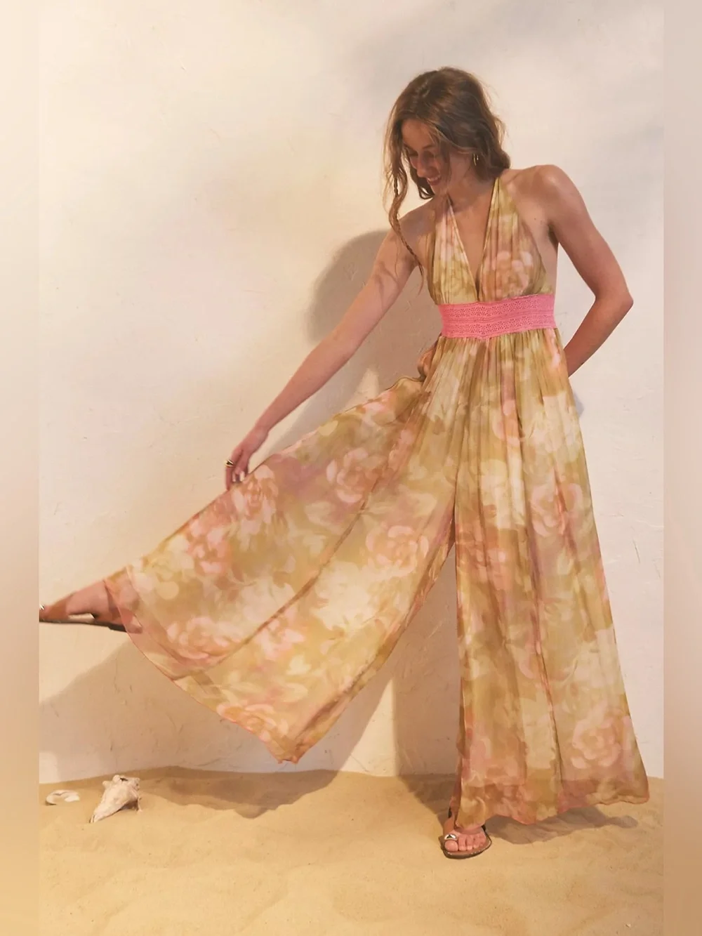 Free People Ultraviolet Haze Jumpsuit Blush Meadow Floral Halter Wide Leg NWT S